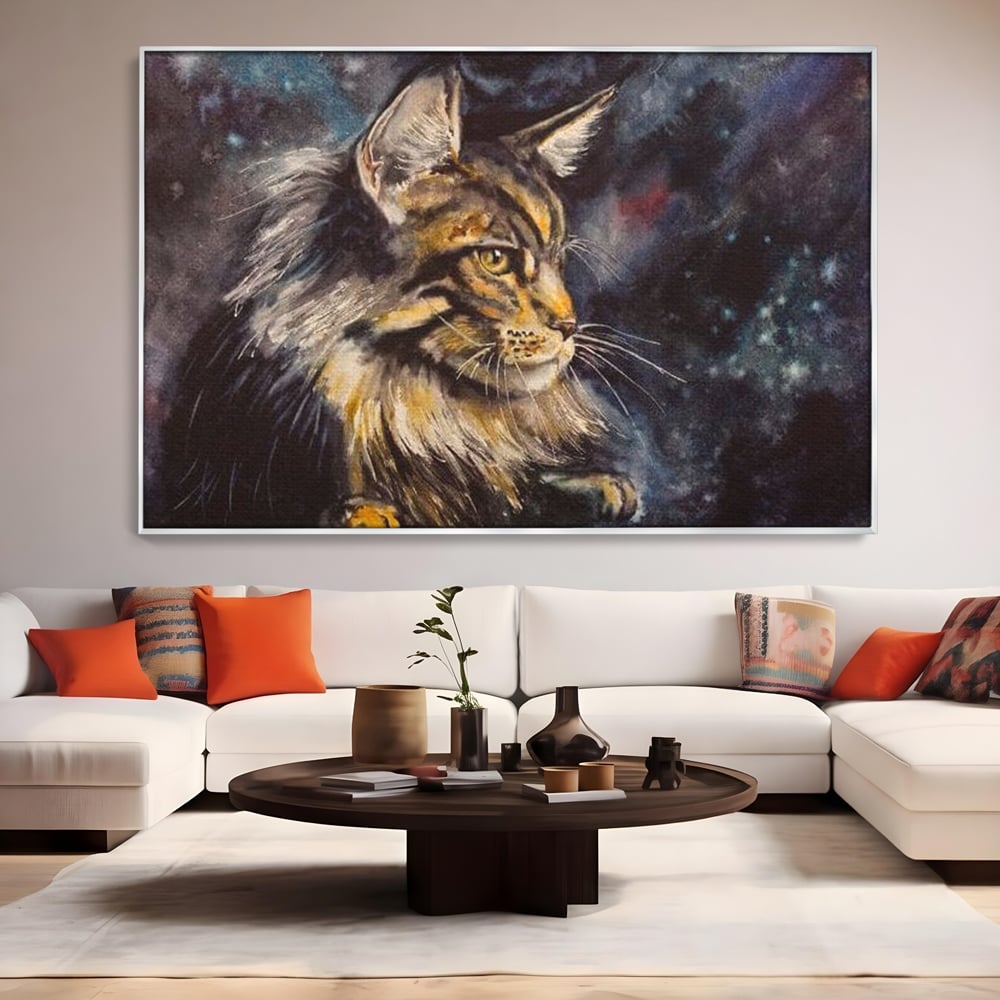 Tablou canvas cu tablou canvas cu pisica in galaxie, in rama de aluminiu argintiu, pe perete intr-un living